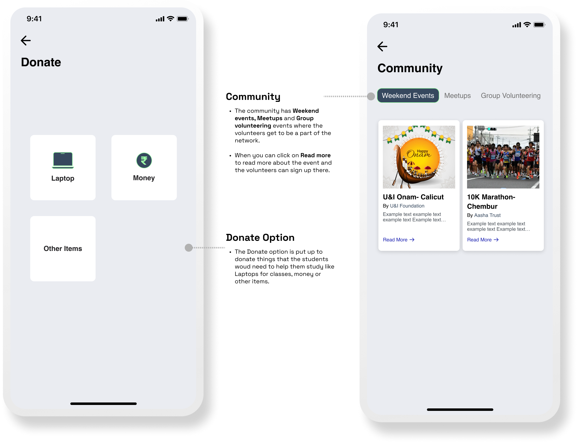 Donate and Community screens