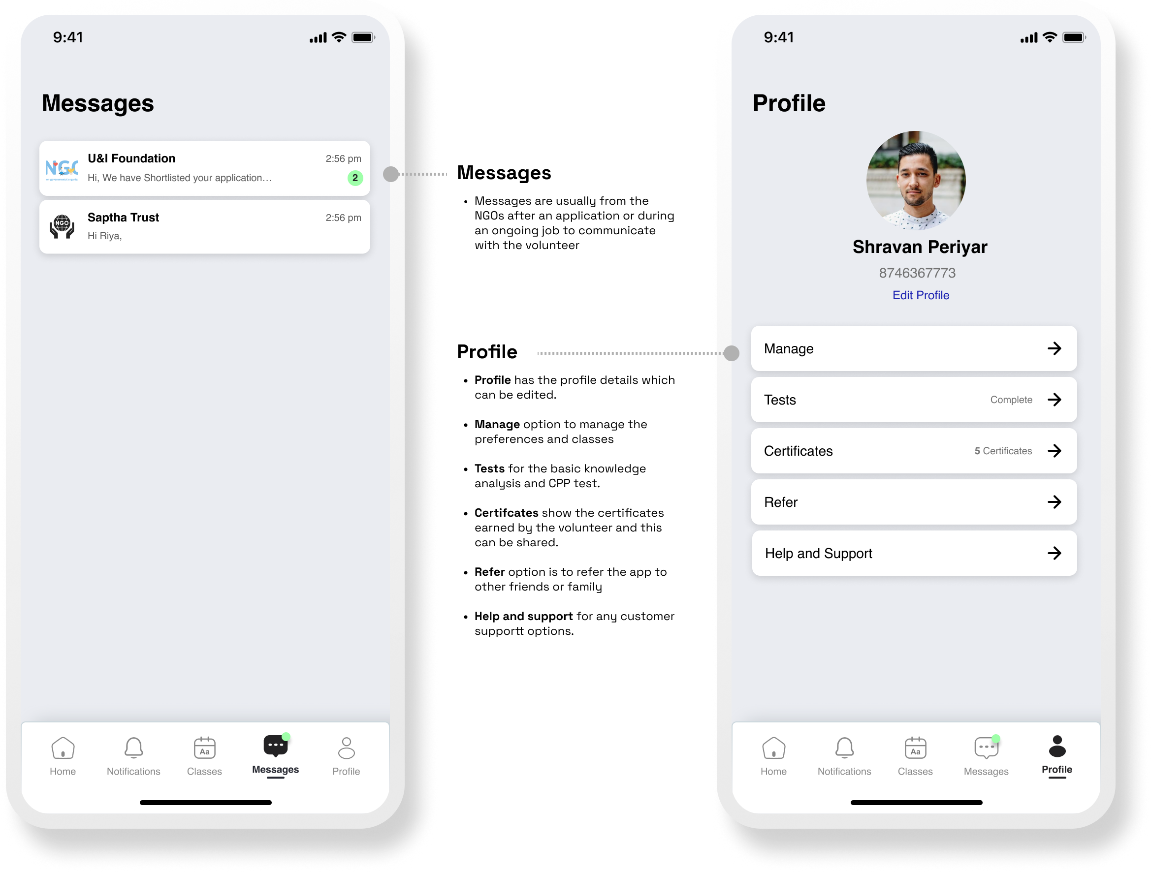 Messages and Profile screens