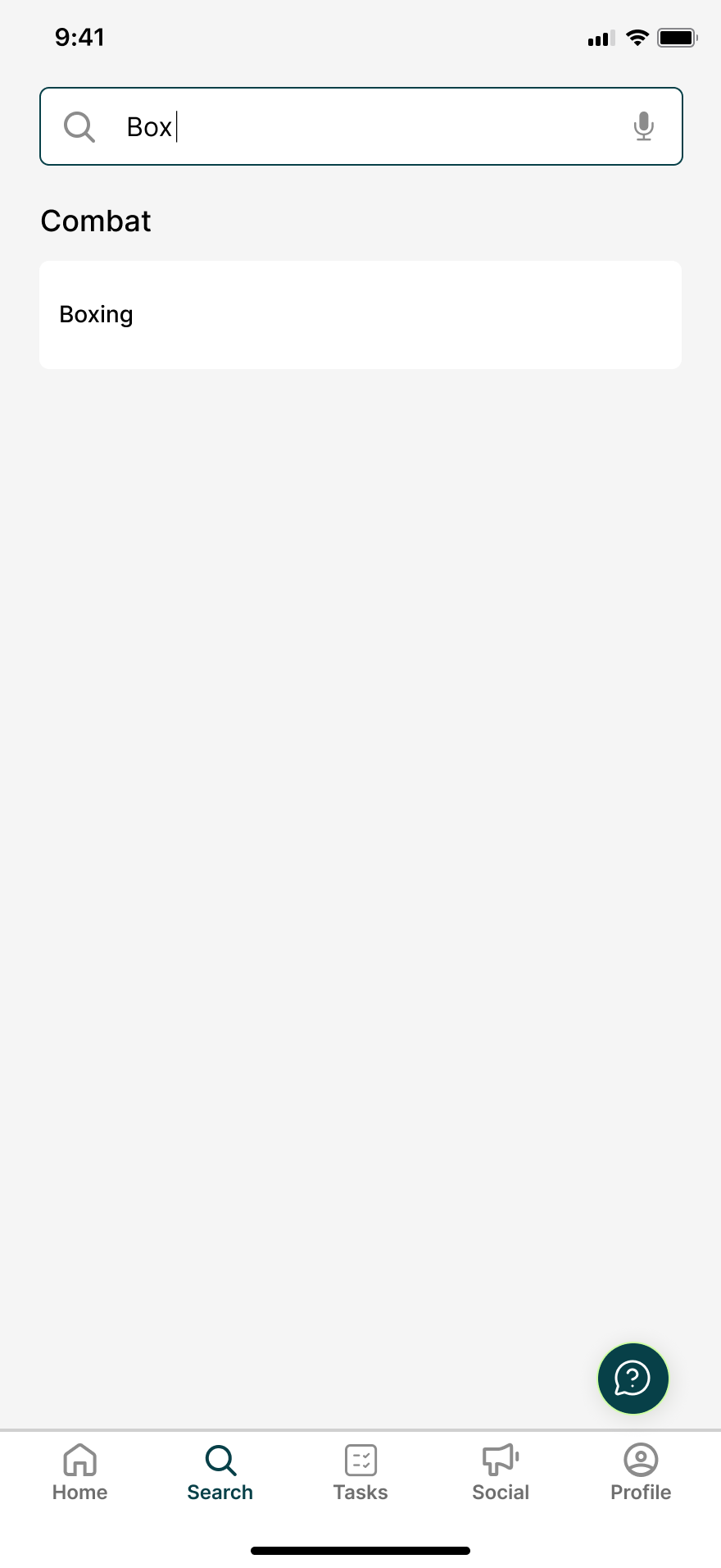 Search field showing 'Box' typed in with Boxing surfaced as a predictive suggestion under a Combat category