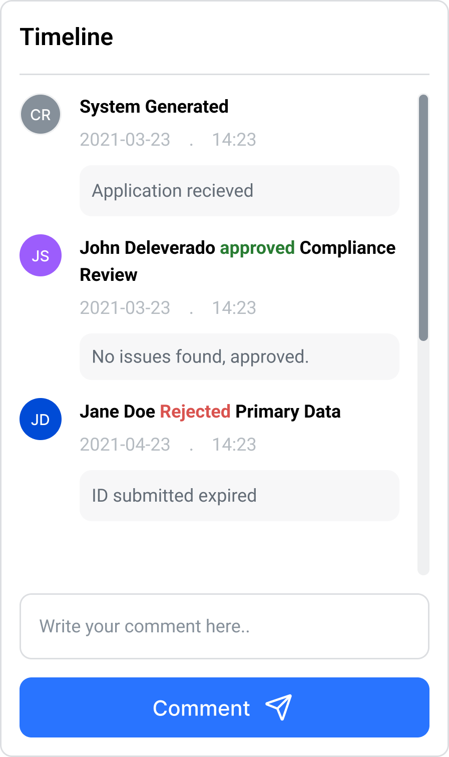 Timeline entry logged after a section is approved or rejected