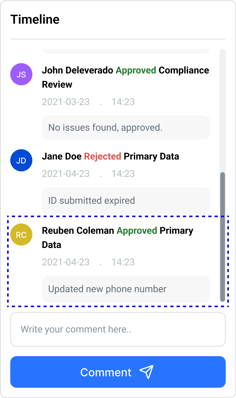 Timeline entry showing an approval message with the edit folded into it, rather than called out on its own