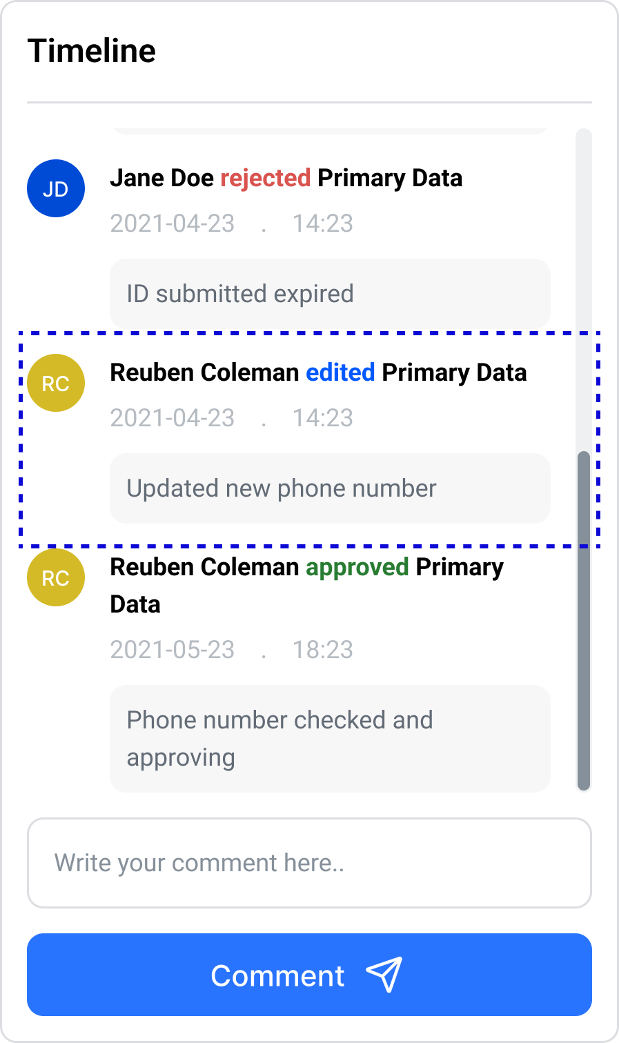 New Timeline entry showing Edited as its own logged action, separate from Approve or Reject