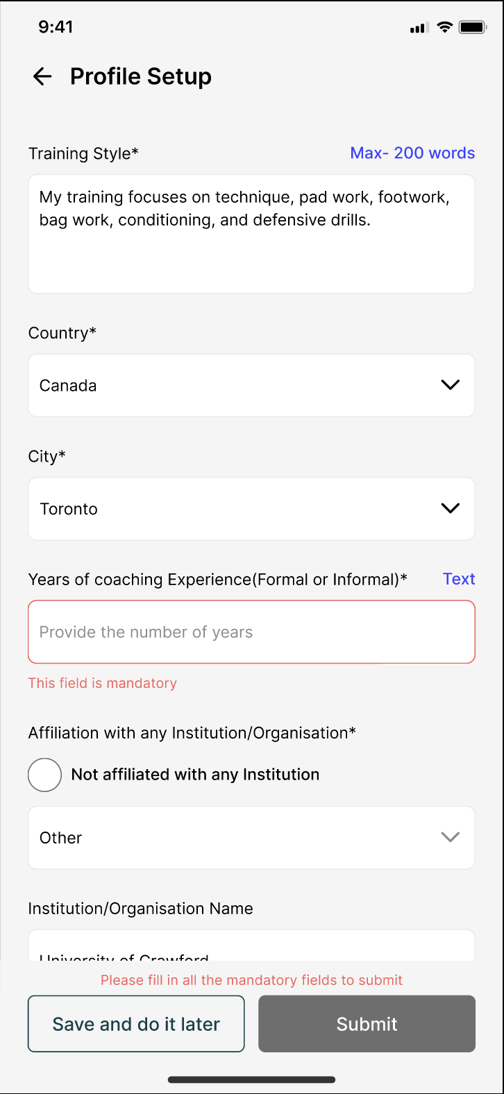 Inline validation message with the flow scrolled to the first incomplete field