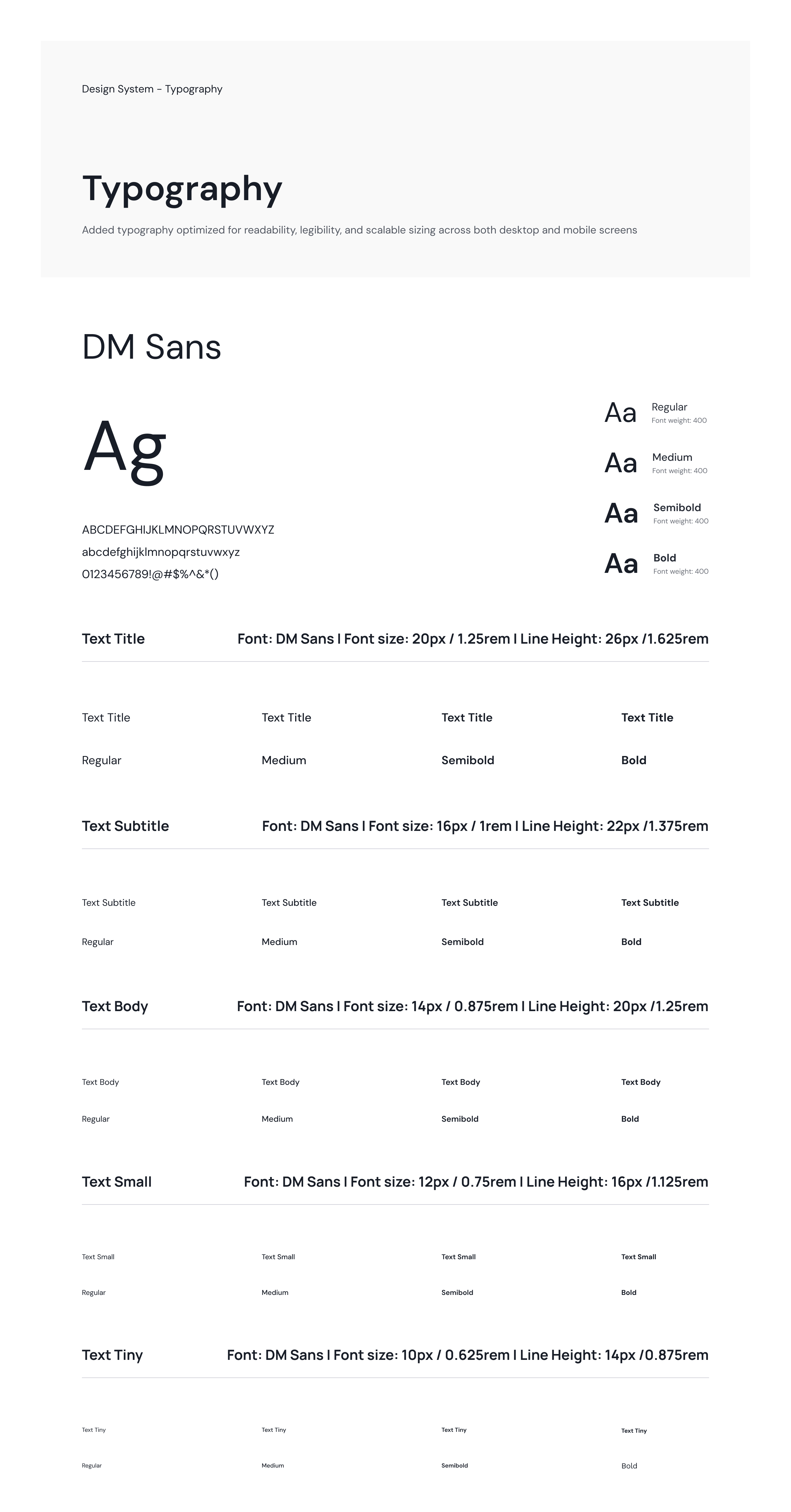 Quippy typography scale showing font family, sizes, and usage rationale