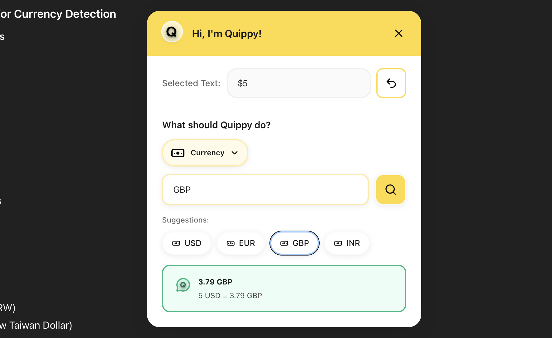 Currency conversion showing real-time exchange rates