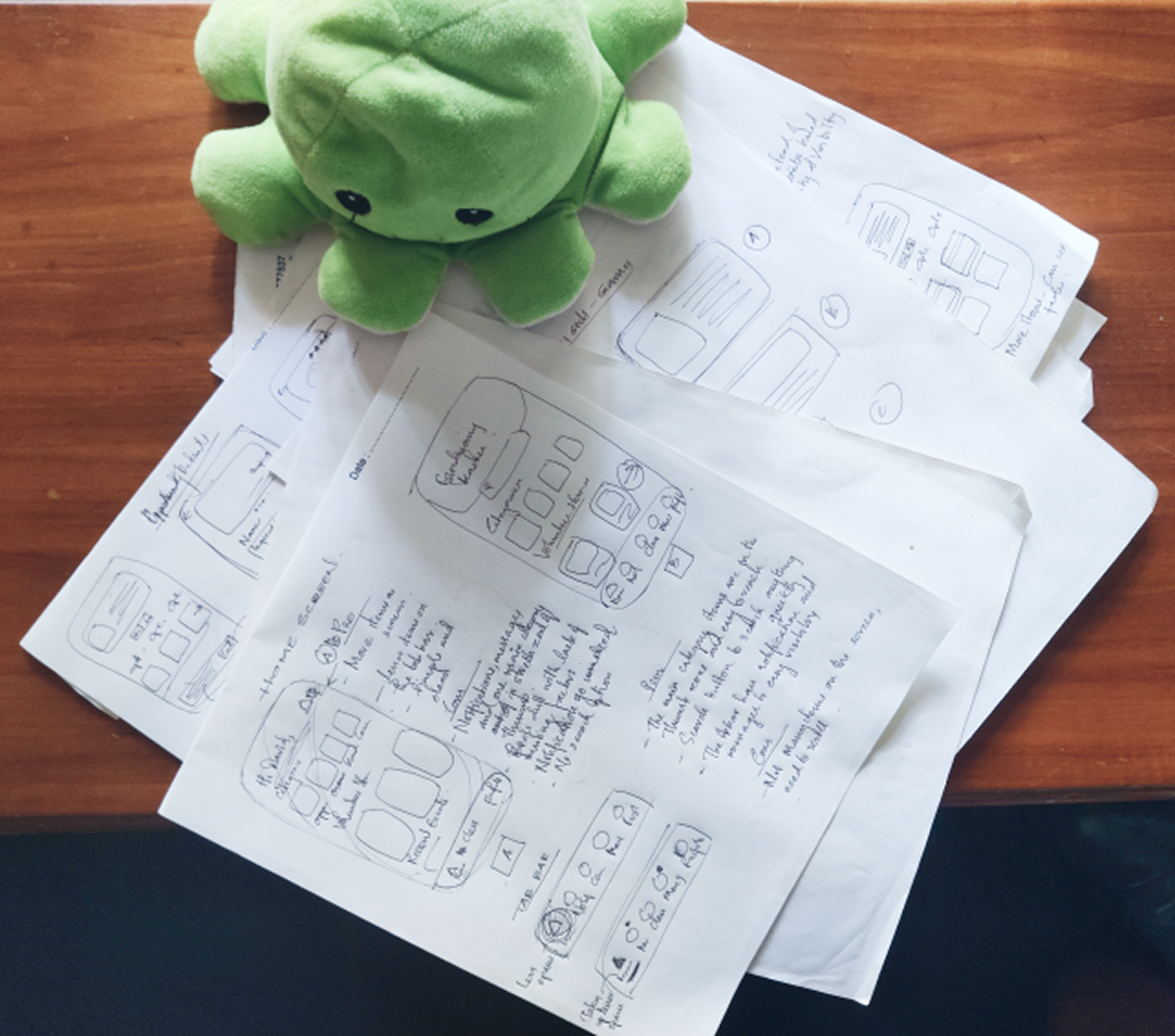 Hand-sketched wireframes for the volunteer sign-up and opportunity flows
